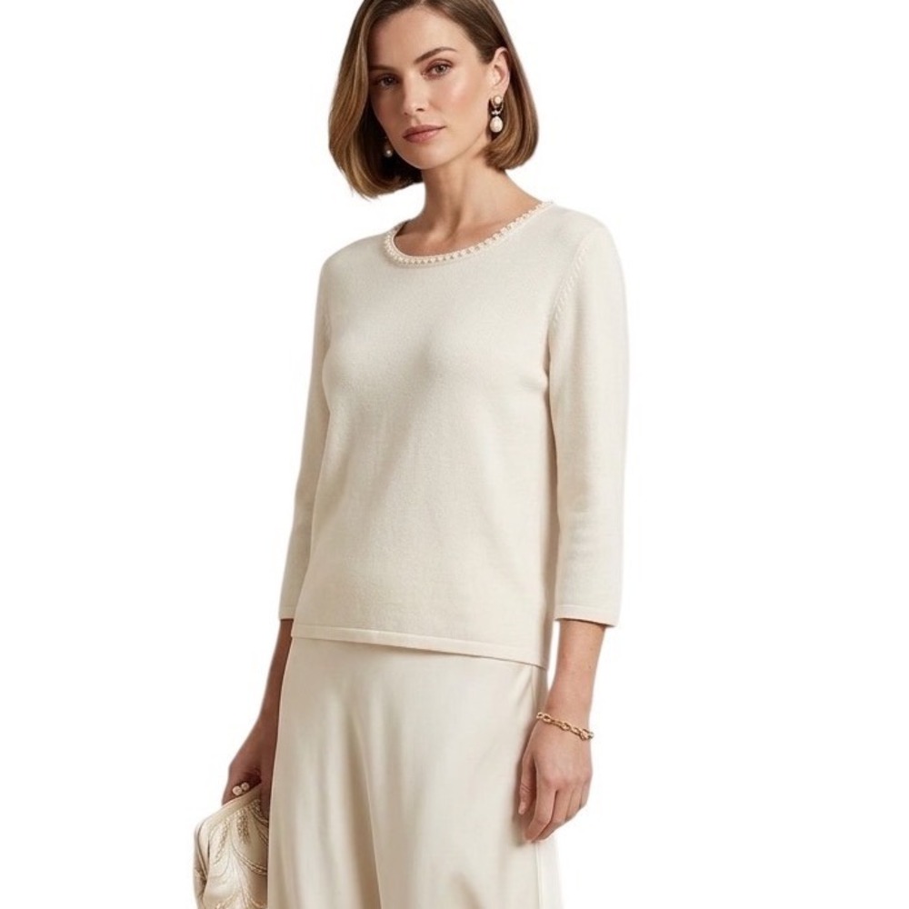 Sag Harbor Petite Cream Pearl Beaded Scoop Neck 3/4 Sleeve Sweater Minimalist PL
